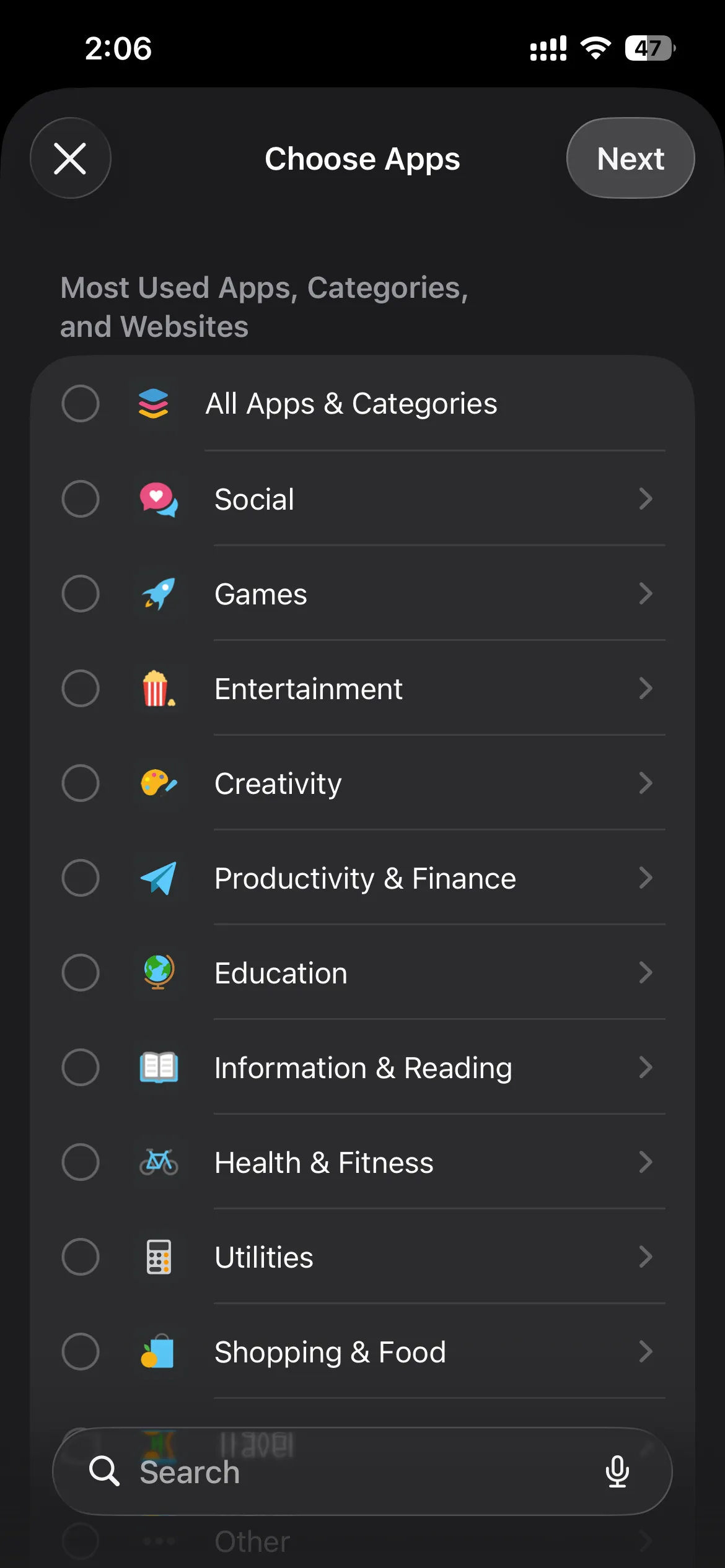 Selecting Social and Games categories in iOS App Limits